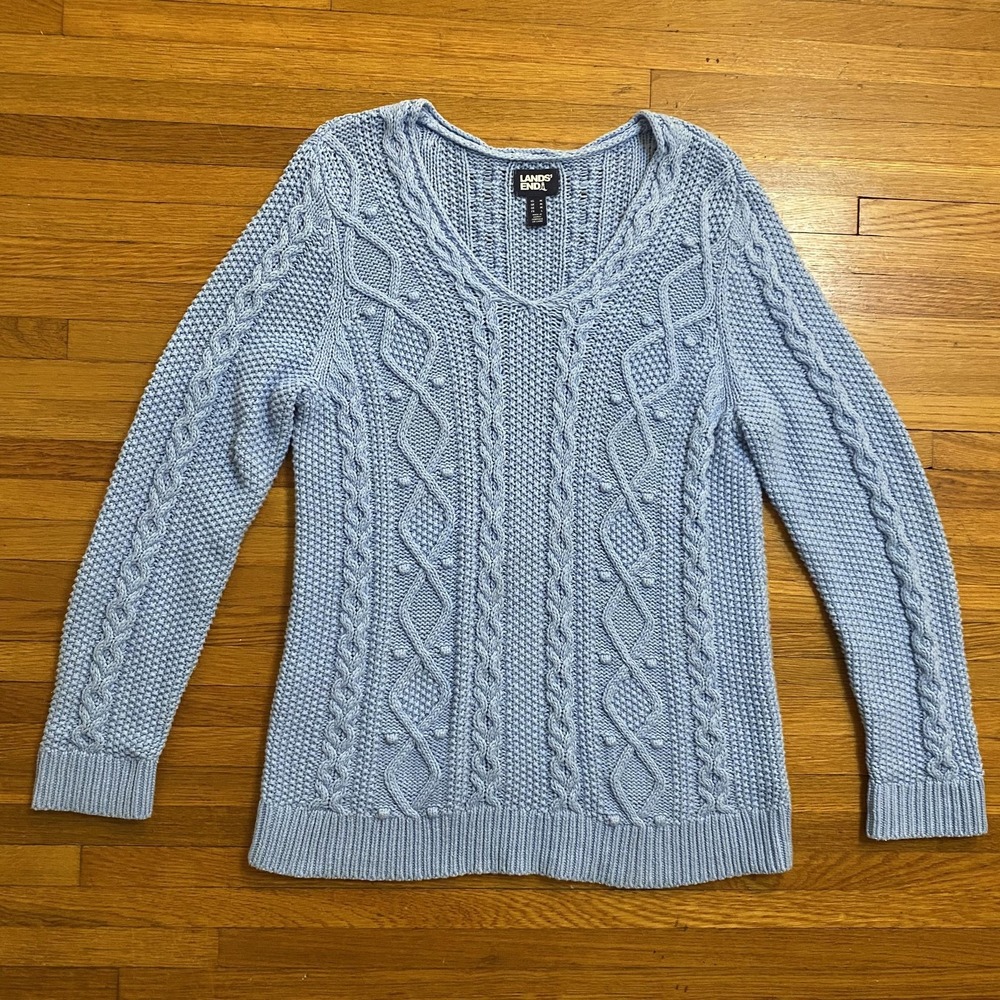 Lands' End Sweater Womens Medium Light Blue Cable Knit Bobble V Neck Pullover